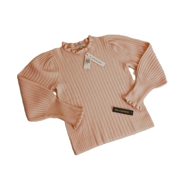 The Cashmere Project Pink Ribbed Crewneck Sweater Ruffle Trim Women's Size M NWT - Picture 1 of 16